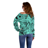 Polynesia Off Shoulder Sweater Tribal Polynesian Spirit With Teal Pacific Flowers LT9 - Polynesian Pride