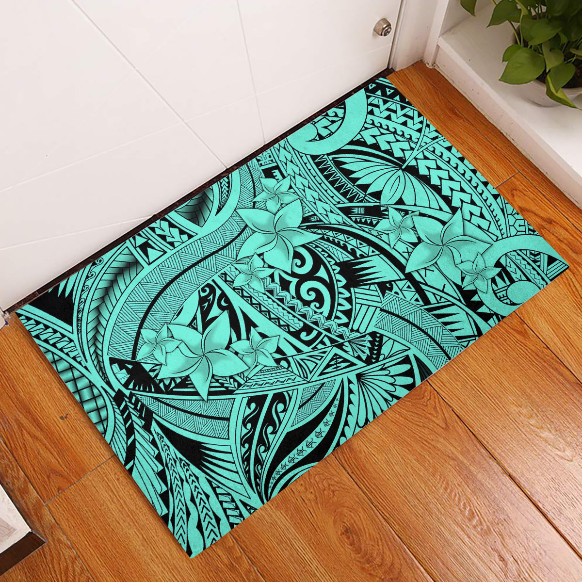 Polynesia Rubber Doormat Tribal Polynesian Spirit With Teal Pacific Flowers LT9 Teal - Polynesian Pride