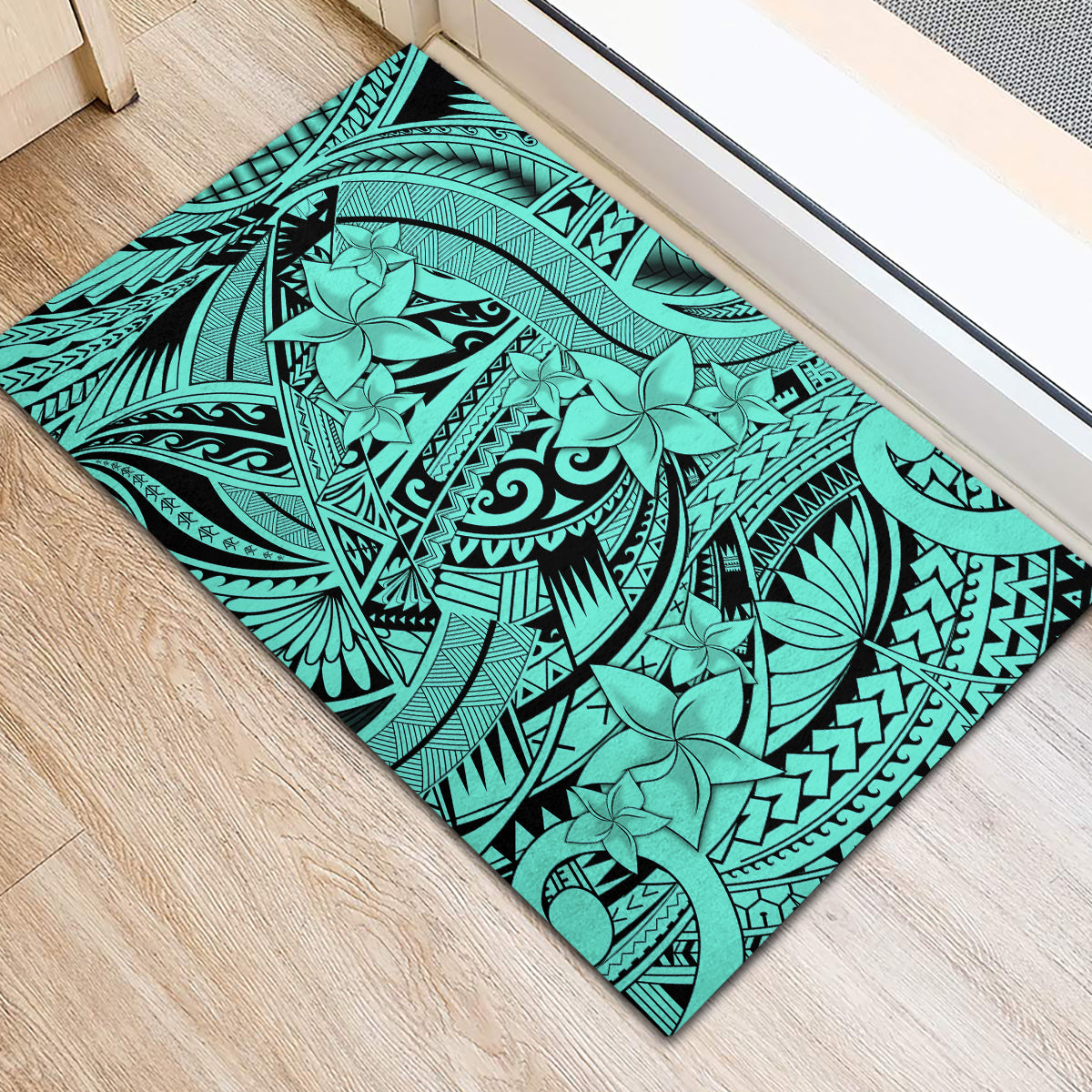 Polynesia Rubber Doormat Tribal Polynesian Spirit With Teal Pacific Flowers LT9 - Polynesian Pride
