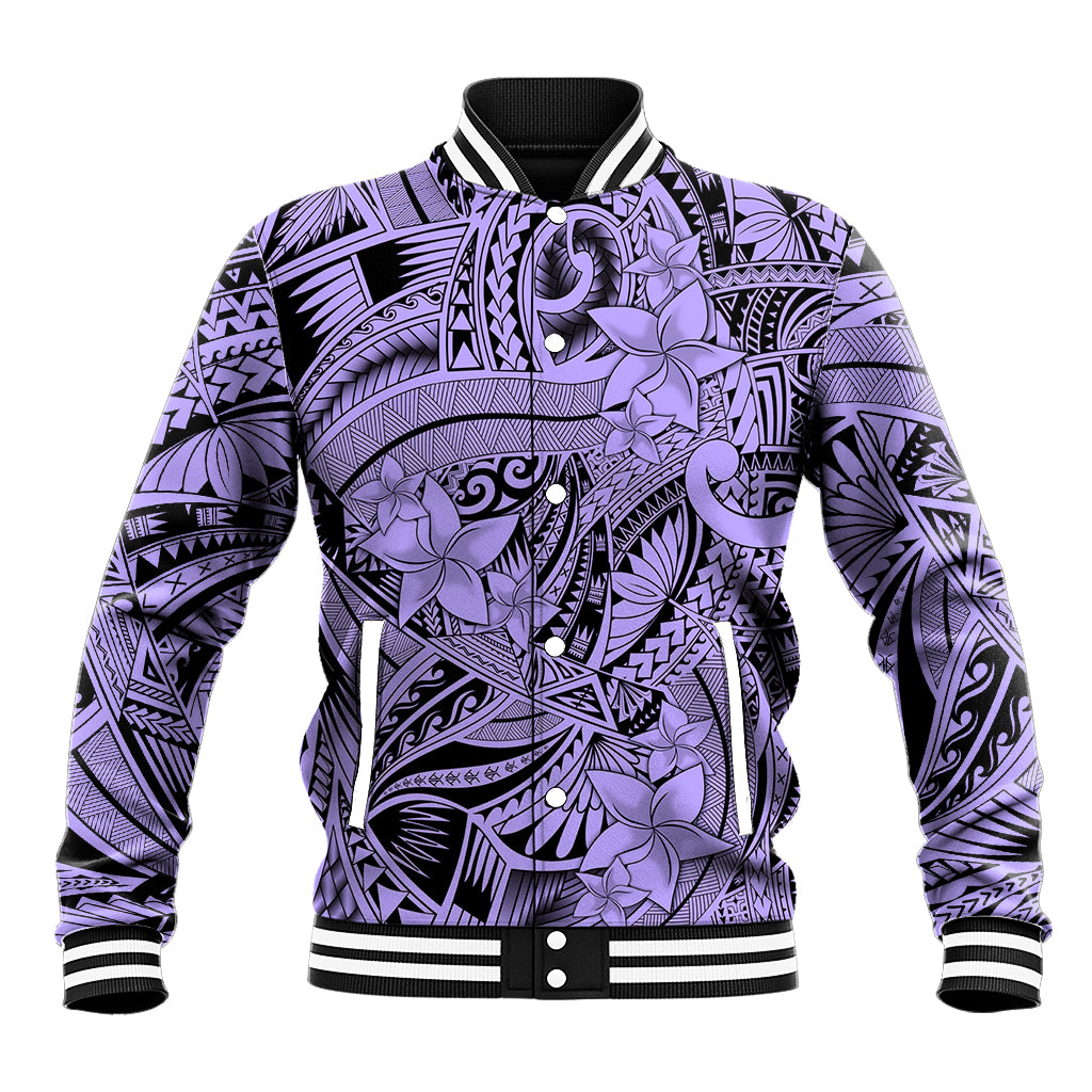 Polynesia Baseball Jacket Tribal Polynesian Spirit With Violet Pacific Flowers LT9 Unisex Violet - Polynesian Pride