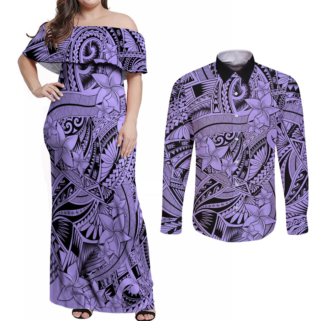 Polynesia Couples Matching Off Shoulder Maxi Dress and Long Sleeve Button Shirt Tribal Polynesian Spirit With Violet Pacific Flowers LT9 Violet - Polynesian Pride