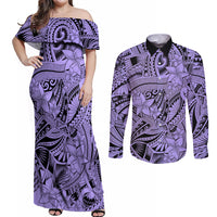 Polynesia Couples Matching Off Shoulder Maxi Dress and Long Sleeve Button Shirt Tribal Polynesian Spirit With Violet Pacific Flowers LT9 Violet - Polynesian Pride