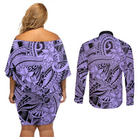 Polynesia Couples Matching Off Shoulder Short Dress and Long Sleeve Button Shirt Tribal Polynesian Spirit With Violet Pacific Flowers LT9 - Polynesian Pride