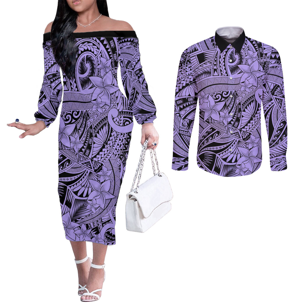 Polynesia Couples Matching Off The Shoulder Long Sleeve Dress and Long Sleeve Button Shirt Tribal Polynesian Spirit With Violet Pacific Flowers LT9 Violet - Polynesian Pride