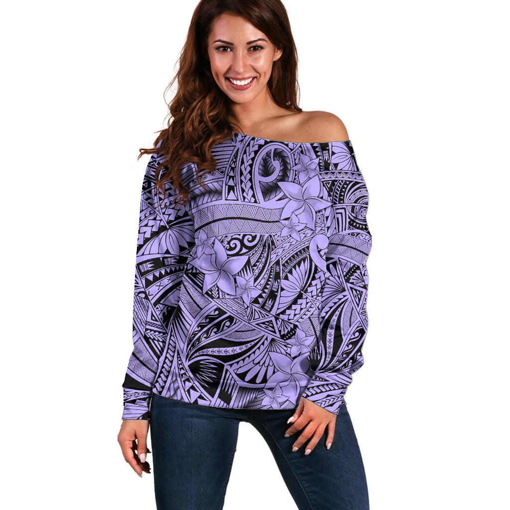 Polynesia Off Shoulder Sweater Tribal Polynesian Spirit With Violet Pacific Flowers LT9 Women Violet - Polynesian Pride