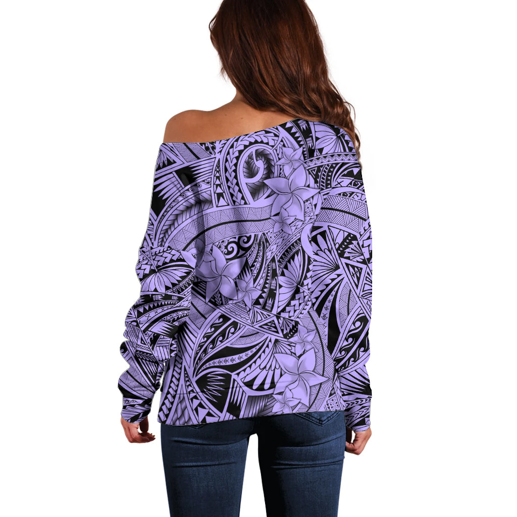 Polynesia Off Shoulder Sweater Tribal Polynesian Spirit With Violet Pacific Flowers LT9 - Polynesian Pride