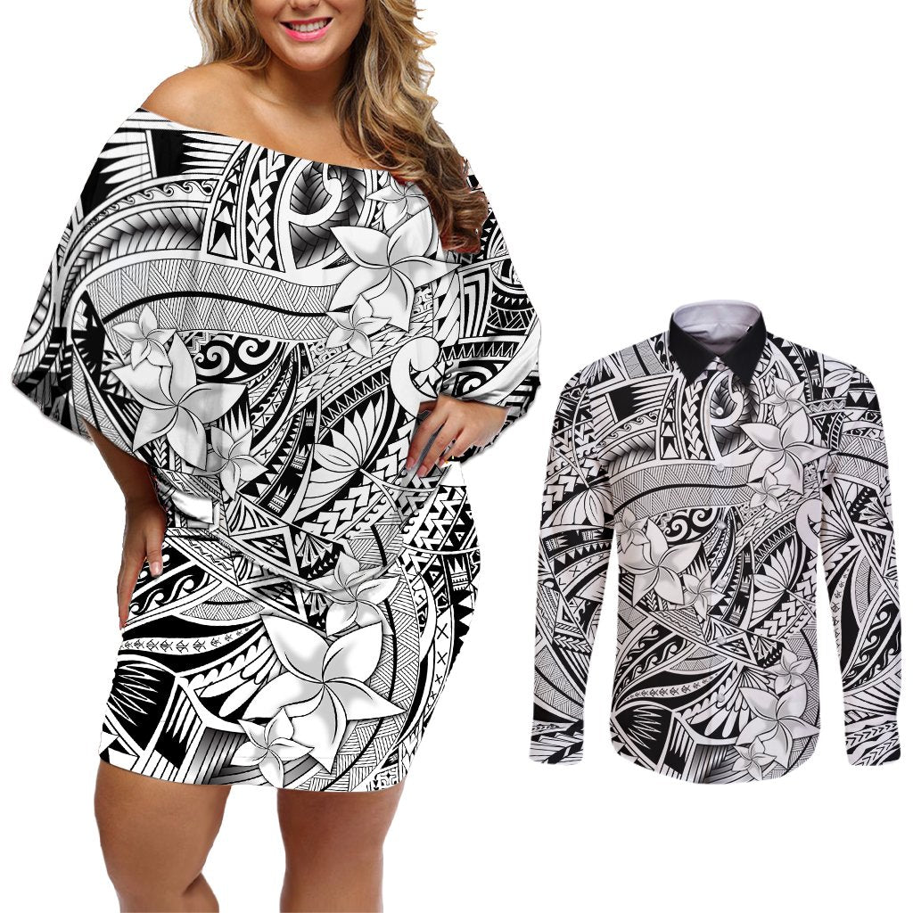 Polynesia Couples Matching Off Shoulder Short Dress and Long Sleeve Button Shirt Tribal Polynesian Spirit With White Pacific Flowers LT9 White - Polynesian Pride