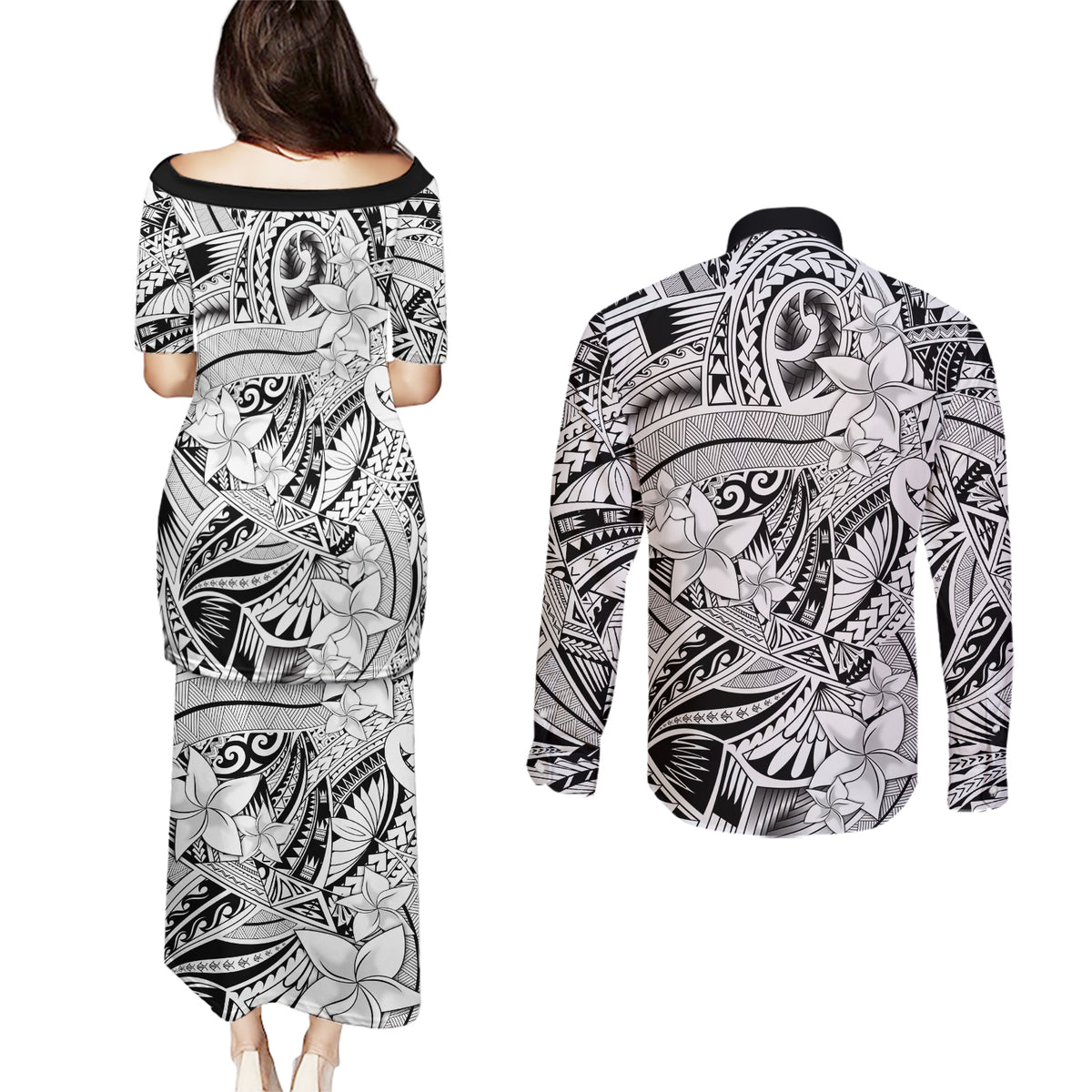 Polynesia Couples Matching Puletasi Dress and Long Sleeve Button Shirt Tribal Polynesian Spirit With White Pacific Flowers LT9 - Polynesian Pride
