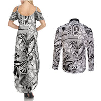 Polynesia Couples Matching Summer Maxi Dress and Long Sleeve Button Shirt Tribal Polynesian Spirit With White Pacific Flowers LT9 - Polynesian Pride