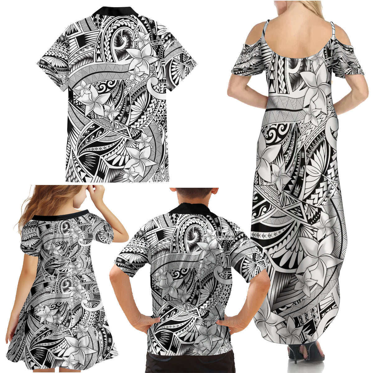 Polynesia Family Matching Summer Maxi Dress and Hawaiian Shirt Tribal Polynesian Spirit With White Pacific Flowers LT9 - Polynesian Pride