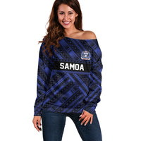 Toa Samoa 40th Anniversary Off Shoulder Sweater Royal Blue Tribal LT9 Women Blue - Polynesian Pride