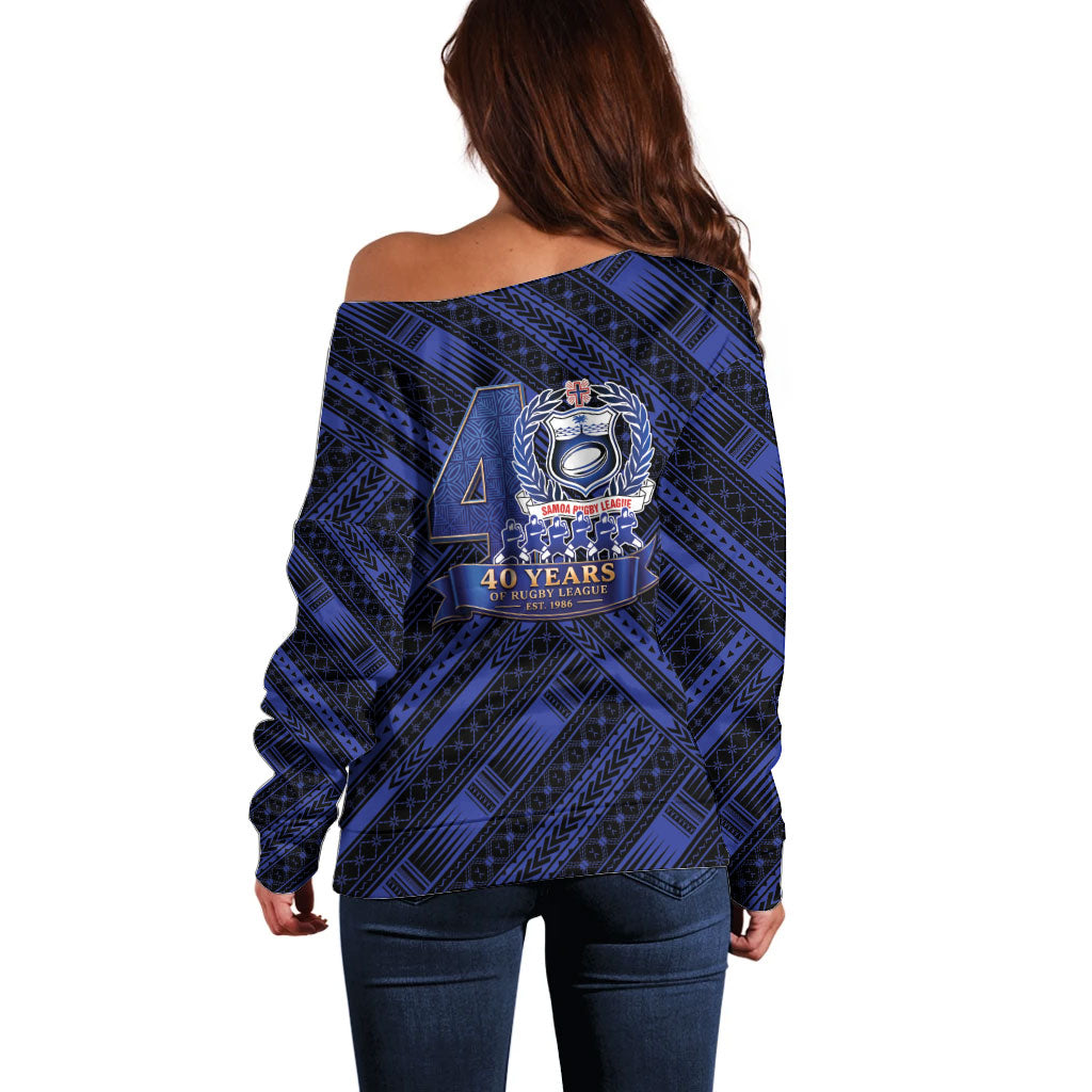 Toa Samoa 40th Anniversary Off Shoulder Sweater Royal Blue Tribal LT9 - Polynesian Pride