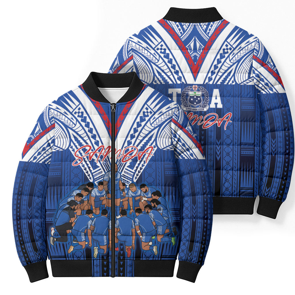 Toa Samoa Siva Tau Bomber Puffer Jacket Royal Blue Chevron Geometric Heritage LT9 - Polynesian Pride
