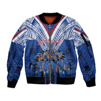 Toa Samoa Siva Tau Sleeve Zip Bomber Jacket Royal Blue Chevron Geometric Heritage LT9 Unisex Blue - Polynesian Pride