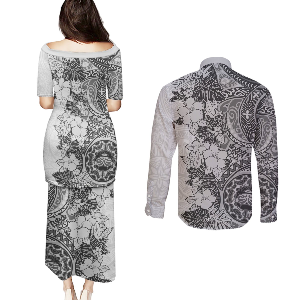 Polynesia Couples Matching Puletasi Dress and Long Sleeve Button Shirt Hibiscus and Hawaiian Tribal Tattoo Retro Style Gray Color LT9 - Polynesian Pride