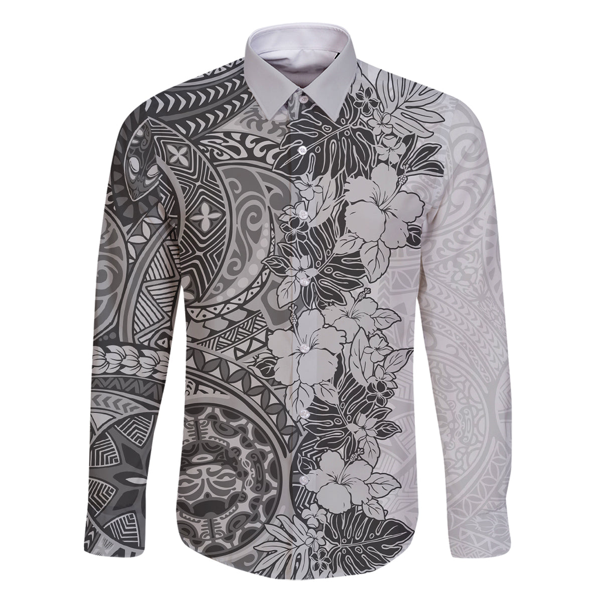 Polynesia Family Matching Off Shoulder Short Dress and Hawaiian Shirt Hibiscus and Hawaiian Tribal Tattoo Retro Style Gray Color LT9 Dad's Shirt - Long Sleeve Gray - Polynesian Pride