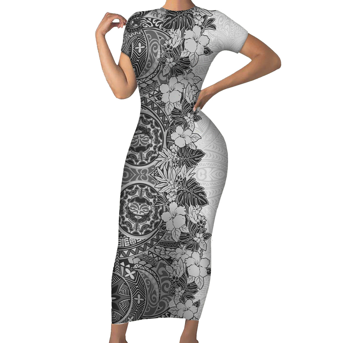 Polynesia Family Matching Short Sleeve Bodycon Dress and Hawaiian Shirt Hibiscus and Hawaiian Tribal Tattoo Retro Style Gray Color LT9 Mom's Dress Gray - Polynesian Pride