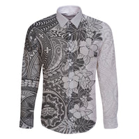 Polynesia Family Matching Tank Maxi Dress and Hawaiian Shirt Hibiscus and Hawaiian Tribal Tattoo Retro Style Gray Color LT9 Dad's Shirt - Long Sleeve Gray - Polynesian Pride