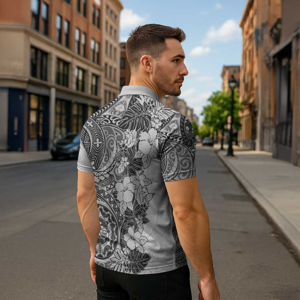 Polynesia Zipper Polo Shirt Hibiscus Hawaiian Tribal Tattoo Retro Gray - Polynesian Pride