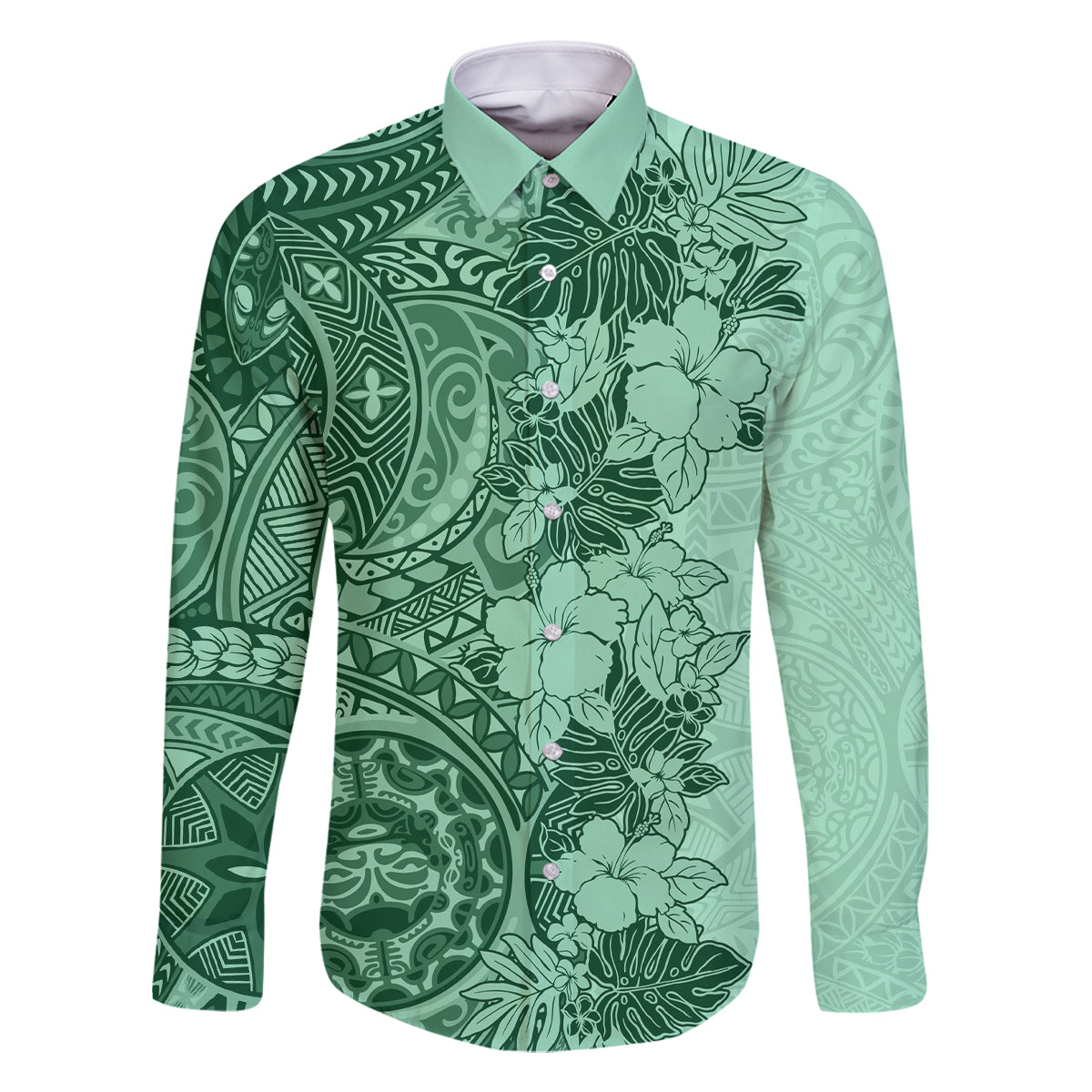 Polynesia Family Matching Off Shoulder Short Dress and Hawaiian Shirt Hibiscus and Hawaiian Tribal Tattoo Retro Style Green Color LT9 Dad's Shirt - Long Sleeve Green - Polynesian Pride