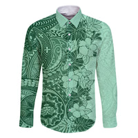 Polynesia Family Matching Off Shoulder Short Dress and Hawaiian Shirt Hibiscus and Hawaiian Tribal Tattoo Retro Style Green Color LT9 Dad's Shirt - Long Sleeve Green - Polynesian Pride