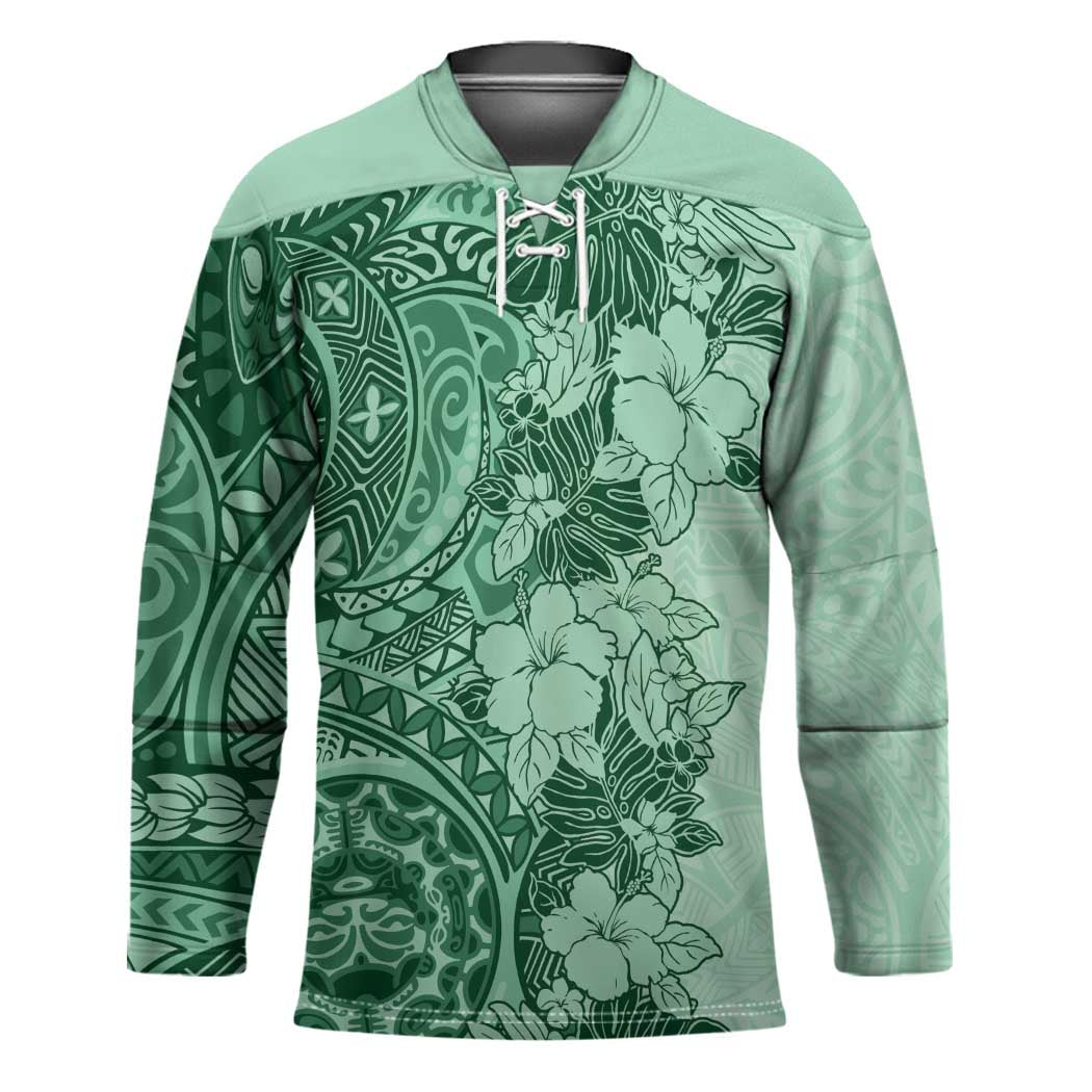 Polynesia Hockey Jersey Hibiscus Hawaiian Tribal Tattoo Retro Green - Polynesian Pride