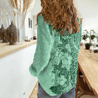 Polynesia Women Casual Shirt Hibiscus and Hawaiian Tribal Tattoo Retro Style Green Color LT9 - Polynesian Pride