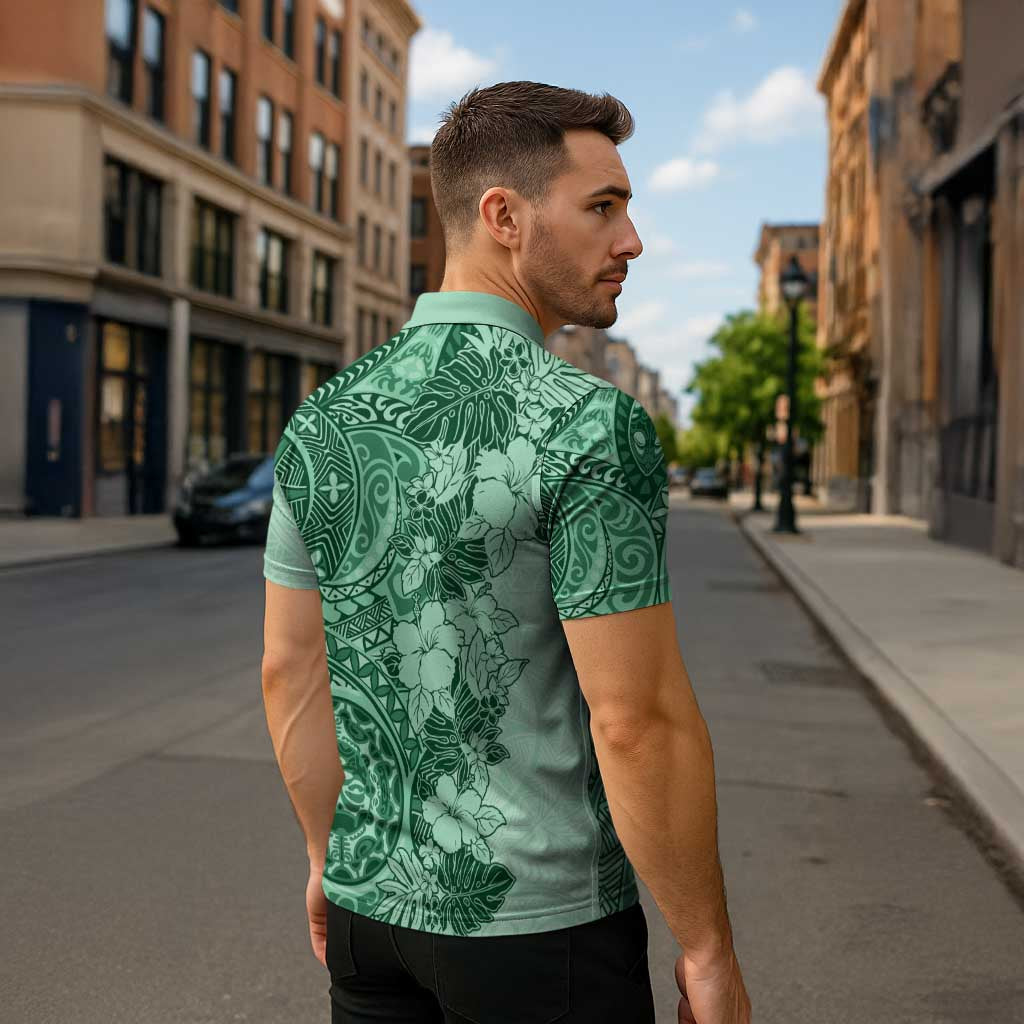 Polynesia Zipper Polo Shirt Hibiscus Hawaiian Tribal Tattoo Retro Green - Polynesian Pride