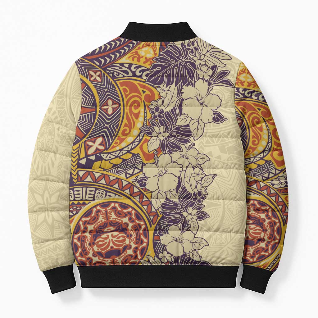 Polynesia Bomber Puffer Jacket Hibiscus Hawaiian Tribal Tattoo Retro Tan - Polynesian Pride