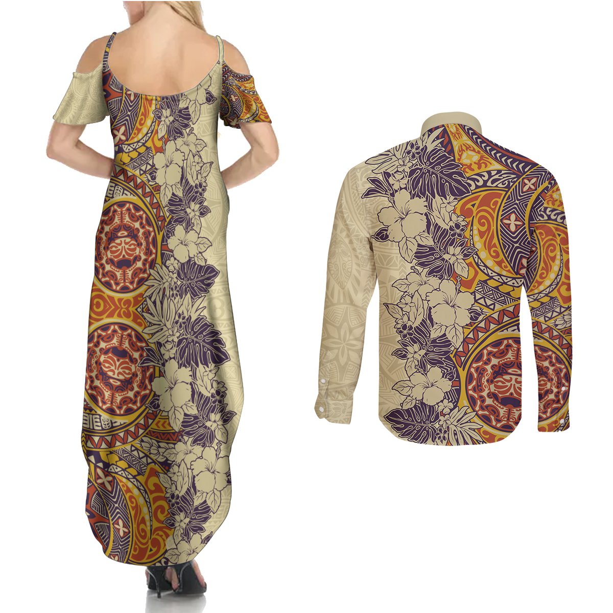 Polynesia Couples Matching Summer Maxi Dress and Long Sleeve Button Shirt Hibiscus and Hawaiian Tribal Tattoo Retro Style Tan Color LT9 - Polynesian Pride