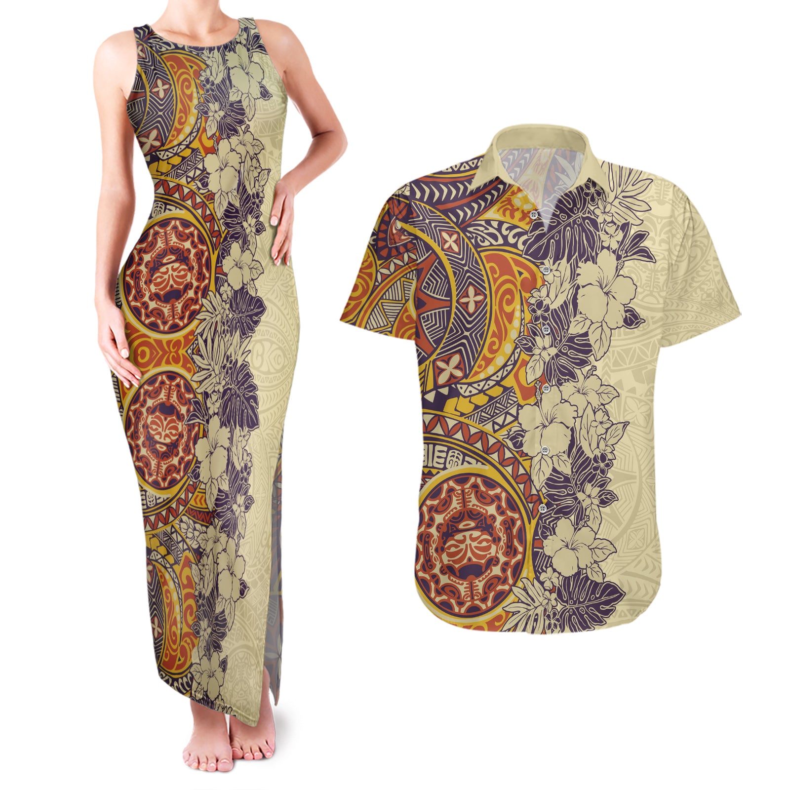 Polynesia Couples Matching Tank Maxi Dress and Hawaiian Shirt Hibiscus and Hawaiian Tribal Tattoo Retro Style Tan Color LT9 Tan - Polynesian Pride