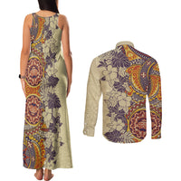 Polynesia Couples Matching Tank Maxi Dress and Long Sleeve Button Shirt Hibiscus and Hawaiian Tribal Tattoo Retro Style Tan Color LT9 - Polynesian Pride