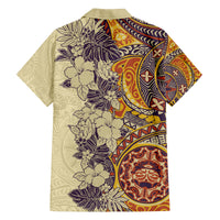 Polynesia Family Matching Off Shoulder Long Sleeve Dress and Hawaiian Shirt Hibiscus and Hawaiian Tribal Tattoo Retro Style Tan Color LT9 - Polynesian Pride