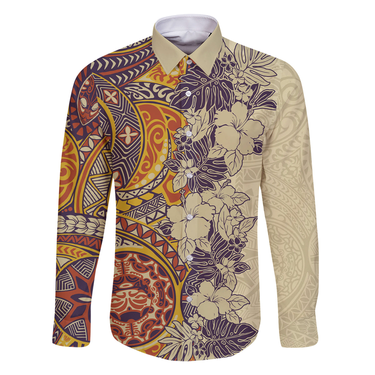 Polynesia Family Matching Off Shoulder Maxi Dress and Hawaiian Shirt Hibiscus and Hawaiian Tribal Tattoo Retro Style Tan Color LT9 Dad's Shirt - Long Sleeve Tan - Polynesian Pride