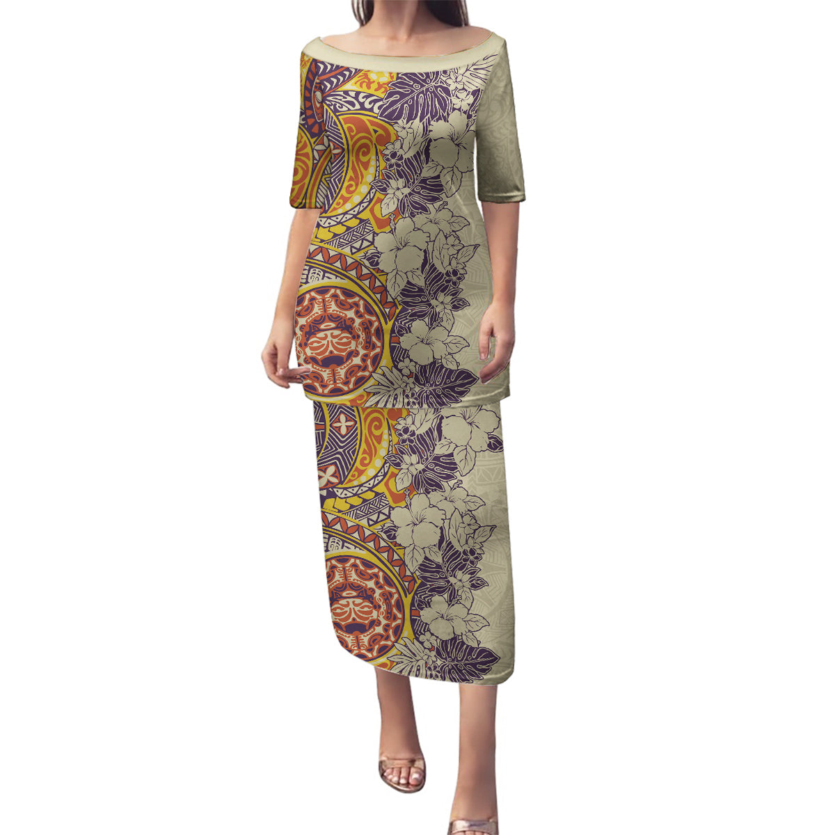 Polynesia Family Matching Puletasi Dress and Hawaiian Shirt Hibiscus and Hawaiian Tribal Tattoo Retro Style Tan Color LT9 Mom's Dress Tan - Polynesian Pride