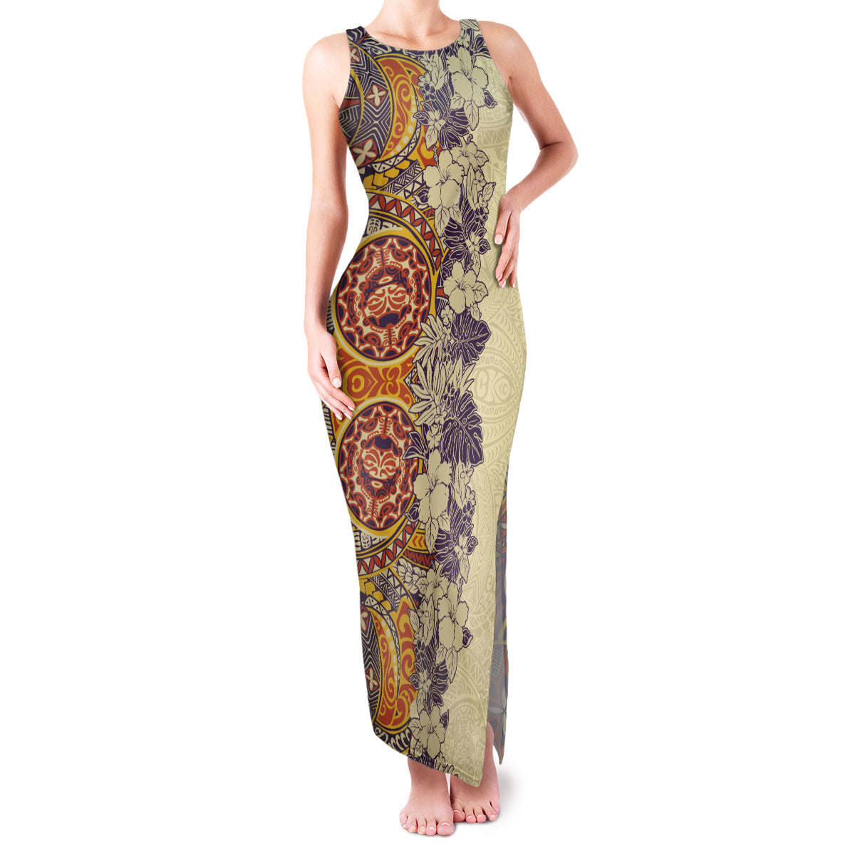 Polynesia Family Matching Tank Maxi Dress and Hawaiian Shirt Hibiscus and Hawaiian Tribal Tattoo Retro Style Tan Color LT9 Mom's Dress Tan - Polynesian Pride