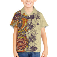 Polynesia Family Matching Tank Maxi Dress and Hawaiian Shirt Hibiscus and Hawaiian Tribal Tattoo Retro Style Tan Color LT9 Son's Shirt Tan - Polynesian Pride