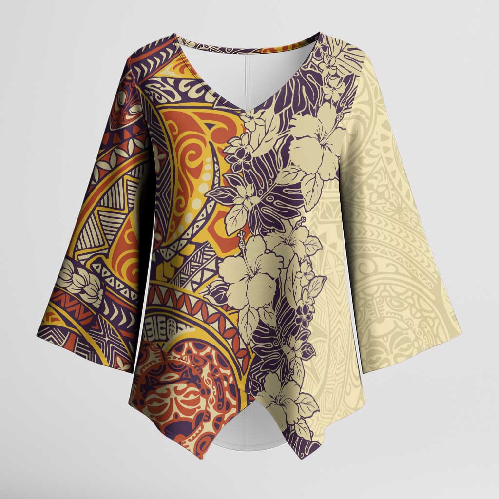 Polynesia Kimono Sleeve Blouse Hibiscus Hawaiian Tribal Tattoo Retro Tan - Polynesian Pride