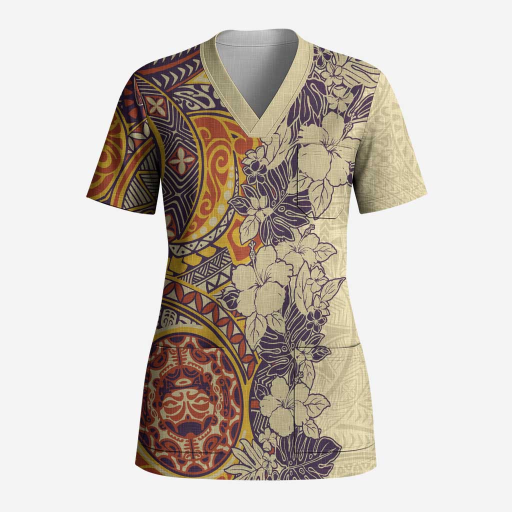 Polynesia Scrub Top Hibiscus Hawaiian Tribal Tattoo Retro Tan - Polynesian Pride