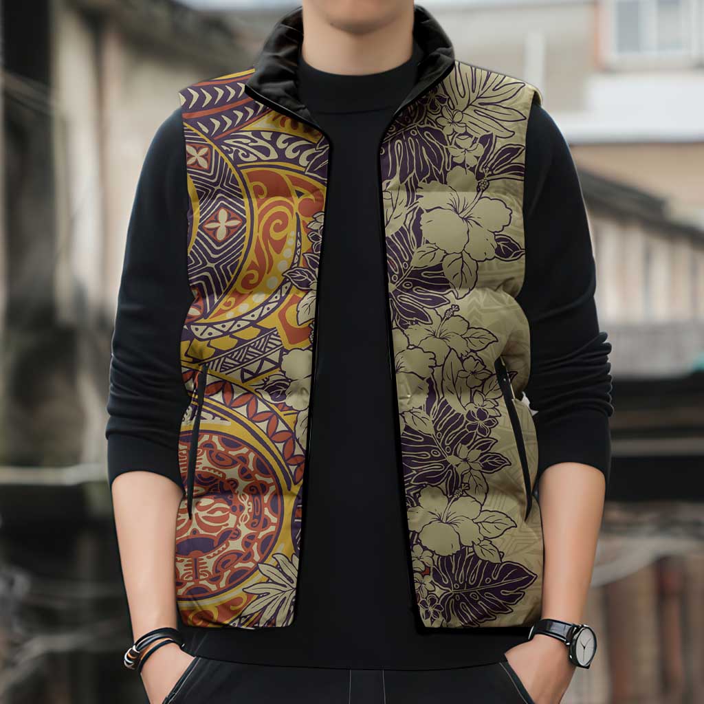 Polynesia Sleeveless Puffer Jacket Hibiscus Hawaiian Tribal Tattoo Retro Tan - Polynesian Pride