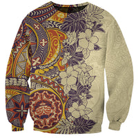 Polynesia Sweatshirt Hibiscus and Hawaiian Tribal Tattoo Retro Style Tan Color LT9 Unisex Tan - Polynesian Pride