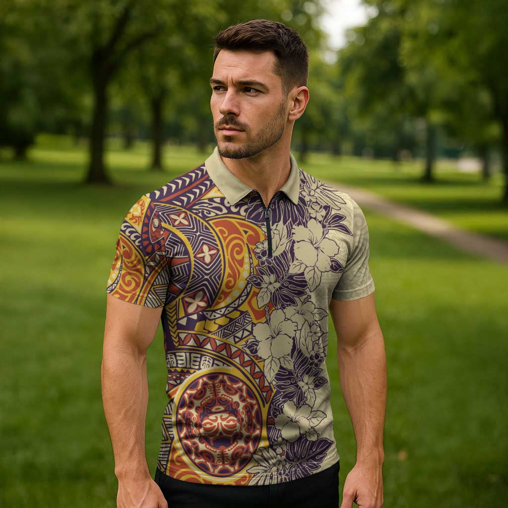 Polynesia Zipper Polo Shirt Hibiscus Hawaiian Tribal Tattoo Retro Tan - Polynesian Pride