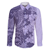 Polynesia Family Matching Off Shoulder Long Sleeve Dress and Hawaiian Shirt Hibiscus and Hawaiian Tribal Tattoo Retro Style Violet Color LT9 Dad's Shirt - Long Sleeve Violet - Polynesian Pride