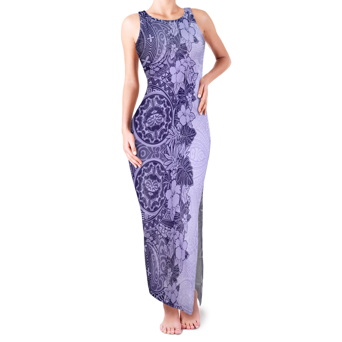 Polynesia Family Matching Tank Maxi Dress and Hawaiian Shirt Hibiscus and Hawaiian Tribal Tattoo Retro Style Violet Color LT9 Mom's Dress Violet - Polynesian Pride