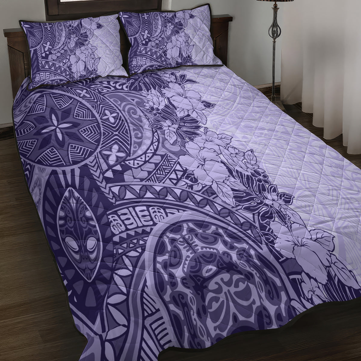 Polynesia Quilt Bed Set Hibiscus and Hawaiian Tribal Tattoo Retro Style Violet Color LT9 - Polynesian Pride