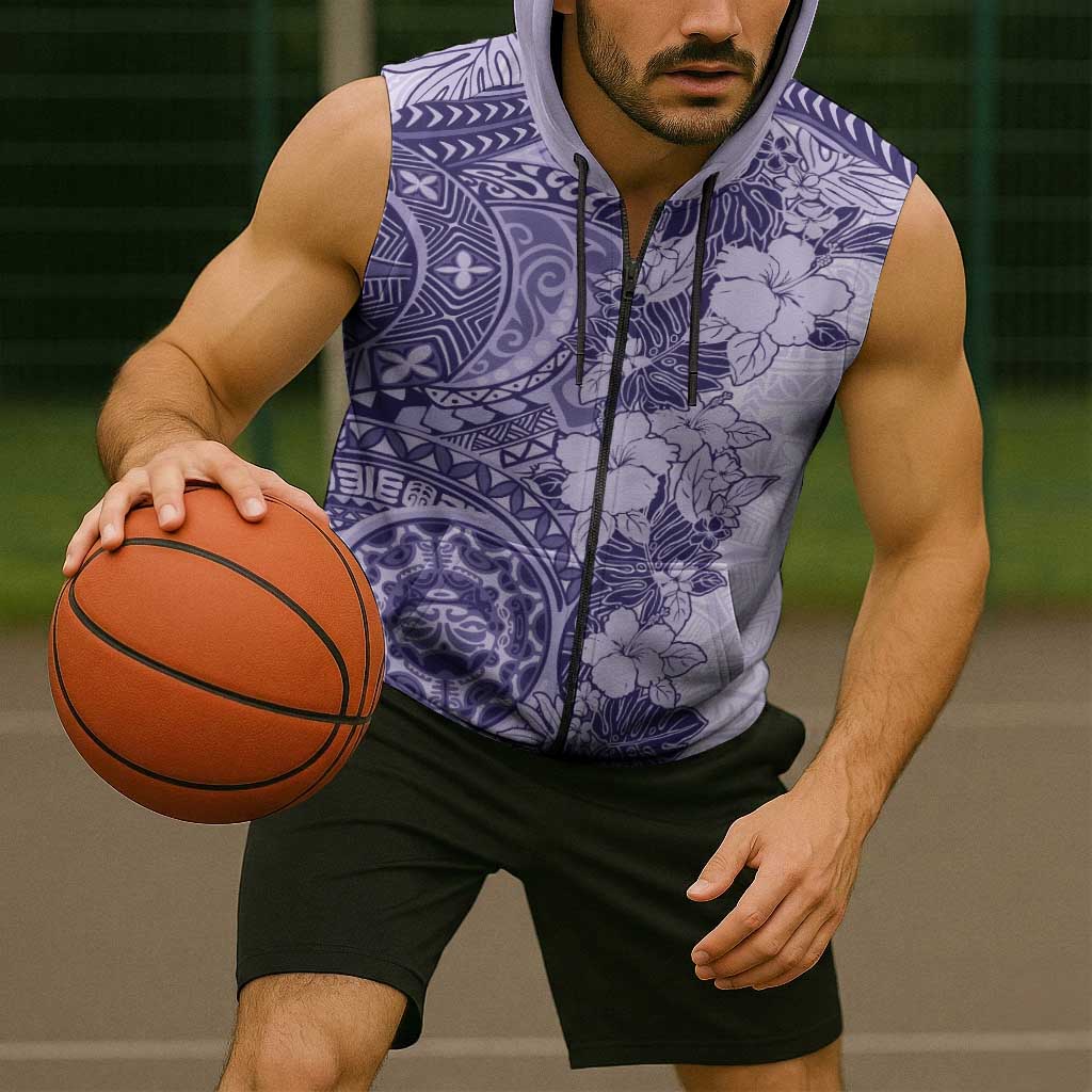 Polynesia Sleeveless Zip Hoodie Hibiscus Hawaiian Tribal Tattoo Retro Violet - Polynesian Pride