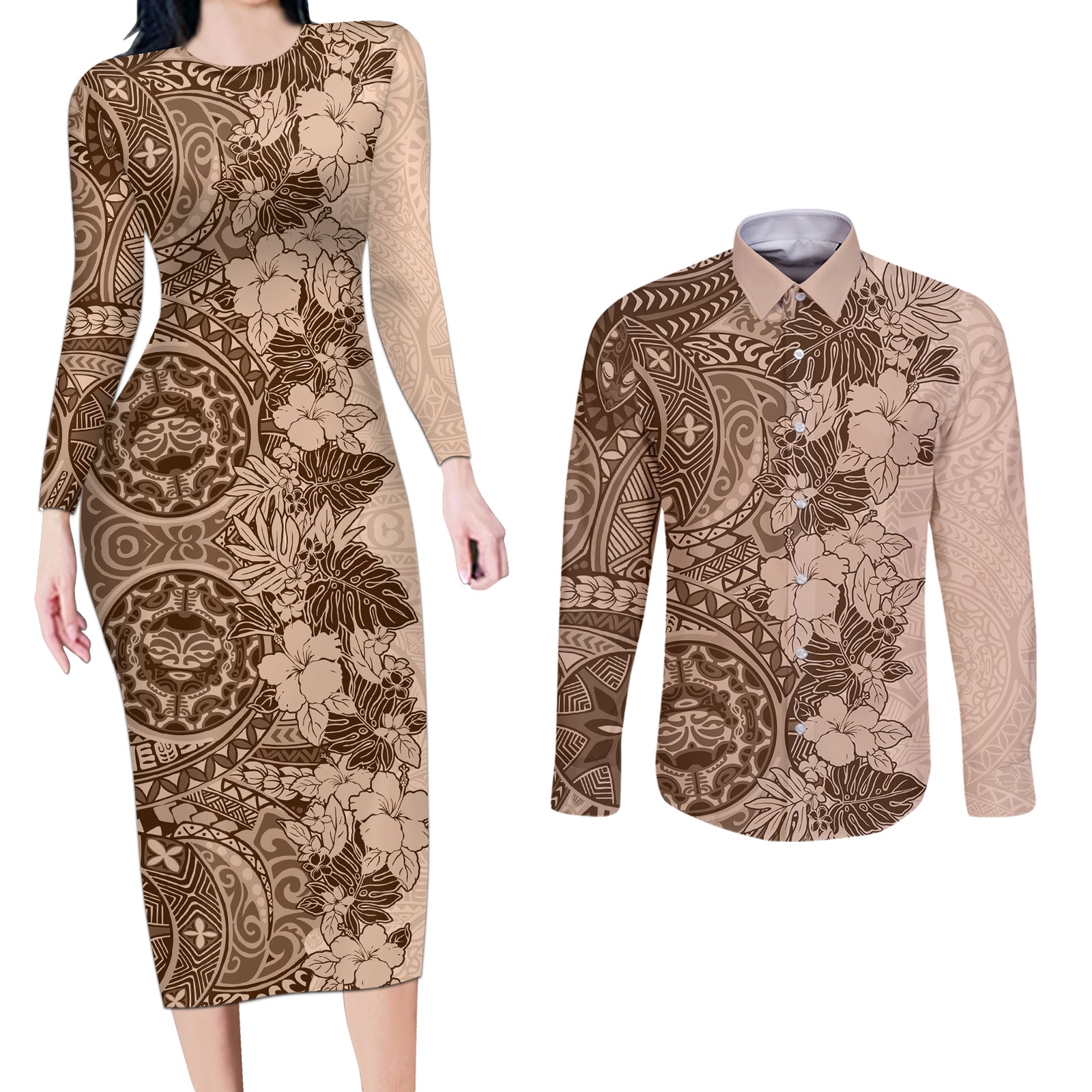 Polynesia Couples Matching Long Sleeve Bodycon Dress and Long Sleeve Button Shirt Hibiscus and Hawaiian Tribal Tattoo Retro Style Pink Pastel LT9 Pink Pastel - Polynesian Pride