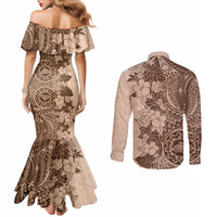 Polynesia Couples Matching Mermaid Dress and Long Sleeve Button Shirt Hibiscus and Hawaiian Tribal Tattoo Retro Style Pink Pastel LT9 - Polynesian Pride