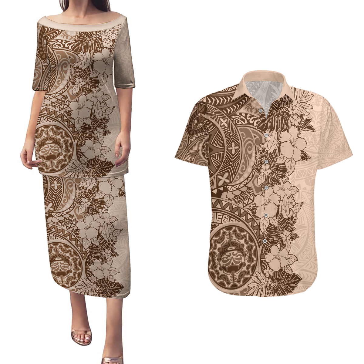Polynesia Couples Matching Puletasi Dress and Hawaiian Shirt Hibiscus and Hawaiian Tribal Tattoo Retro Style Pink Pastel LT9 Pink Pastel - Polynesian Pride
