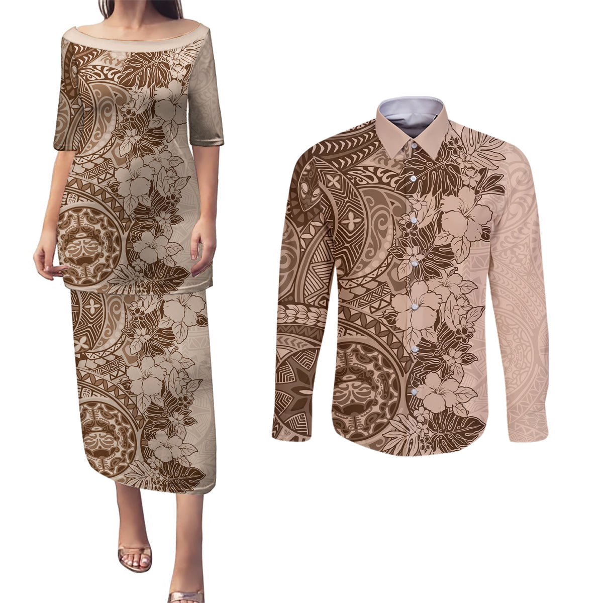 Polynesia Couples Matching Puletasi Dress and Long Sleeve Button Shirt Hibiscus and Hawaiian Tribal Tattoo Retro Style Pink Pastel LT9 Pink Pastel - Polynesian Pride